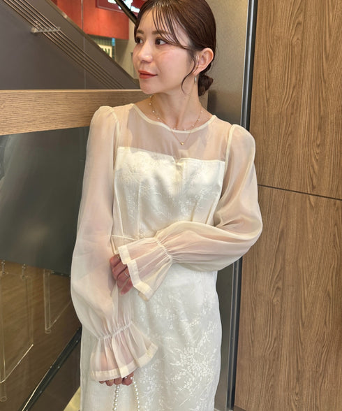 ジャガードシアースリーブロングドレス ロングワンピース パーティードレス 結婚式 お呼ばれ オケージョンドレス | MD2265115 | アイボリー