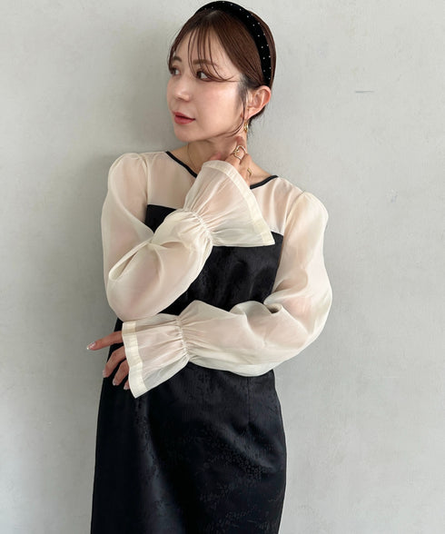 ジャガードシアースリーブロングドレス ロングワンピース パーティードレス 結婚式 お呼ばれ オケージョンドレス | MD2265115 | ブラック系その他