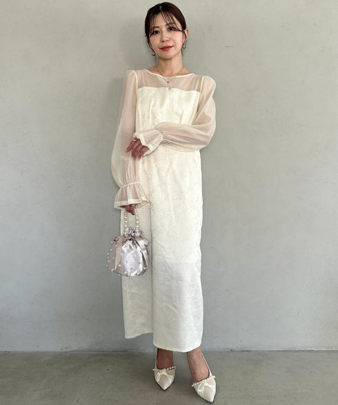 ジャガードシアースリーブロングドレス ロングワンピース パーティードレス 結婚式 お呼ばれ オケージョンドレス | MD2265115 | アイボリー