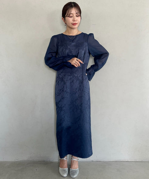 ジャガードシアースリーブロングドレス ロングワンピース パーティードレス 結婚式 お呼ばれ オケージョンドレス | MD2265115 | ネイビー