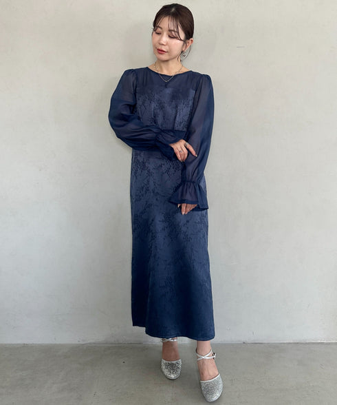 ジャガードシアースリーブロングドレス ロングワンピース パーティードレス 結婚式 お呼ばれ オケージョンドレス | MD2265115 | ネイビー