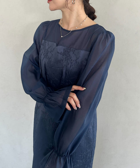 ジャガードシアースリーブロングドレス ロングワンピース パーティードレス 結婚式 お呼ばれ オケージョンドレス | MD2265115 | ネイビー