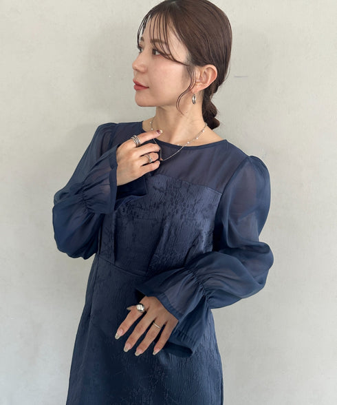 ジャガードシアースリーブロングドレス ロングワンピース パーティードレス 結婚式 お呼ばれ オケージョンドレス | MD2265115 | ネイビー
