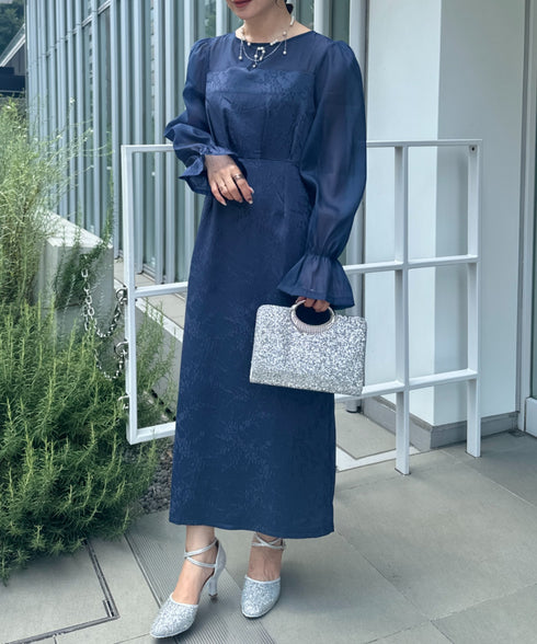 ジャガードシアースリーブロングドレス ロングワンピース パーティードレス 結婚式 お呼ばれ オケージョンドレス | MD2265115 | ネイビー