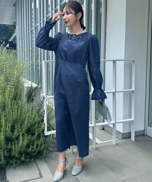 ジャガードシアースリーブロングドレス ロングワンピース パーティードレス 結婚式 お呼ばれ オケージョンドレス | MD2265115 | ネイビー