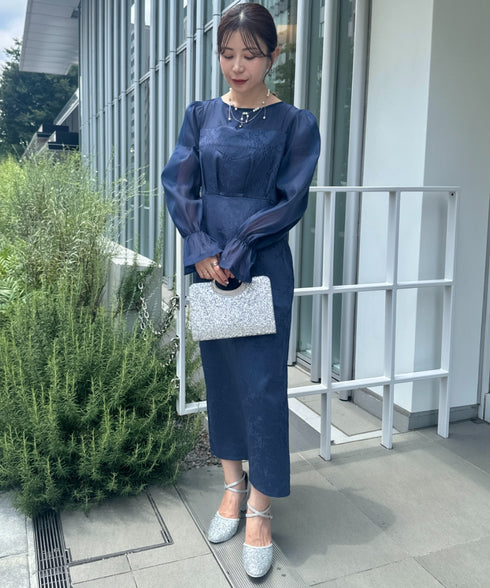 ジャガードシアースリーブロングドレス ロングワンピース パーティードレス 結婚式 お呼ばれ オケージョンドレス | MD2265115 | ネイビー