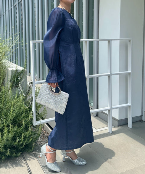 ジャガードシアースリーブロングドレス ロングワンピース パーティードレス 結婚式 お呼ばれ オケージョンドレス | MD2265115 | ネイビー