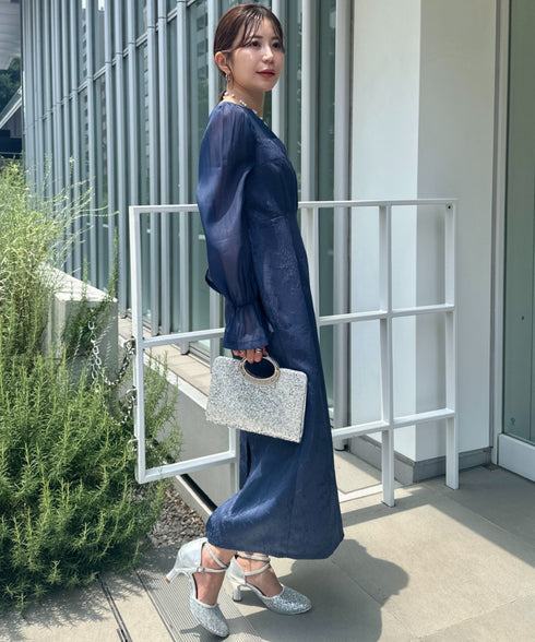 ジャガードシアースリーブロングドレス ロングワンピース パーティードレス 結婚式 お呼ばれ オケージョンドレス | MD2265115 | ネイビー