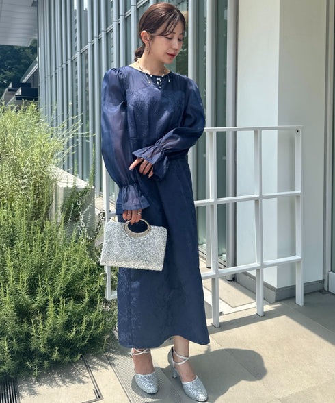 ジャガードシアースリーブロングドレス ロングワンピース パーティードレス 結婚式 お呼ばれ オケージョンドレス | MD2265115 | ネイビー