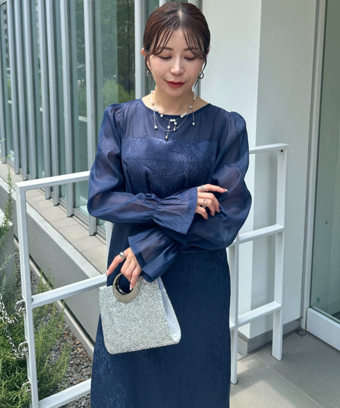 ジャガードシアースリーブロングドレス ロングワンピース パーティードレス 結婚式 お呼ばれ オケージョンドレス | MD2265115 | ネイビー