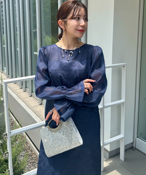 ジャガードシアースリーブロングドレス ロングワンピース パーティードレス 結婚式 お呼ばれ オケージョンドレス | MD2265115 | ネイビー