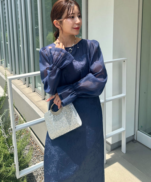 ジャガードシアースリーブロングドレス ロングワンピース パーティードレス 結婚式 お呼ばれ オケージョンドレス | MD2265115 | ネイビー