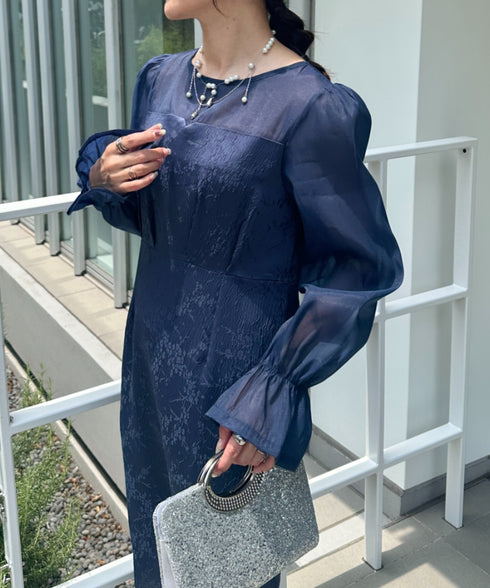 ジャガードシアースリーブロングドレス ロングワンピース パーティードレス 結婚式 お呼ばれ オケージョンドレス | MD2265115 | ネイビー