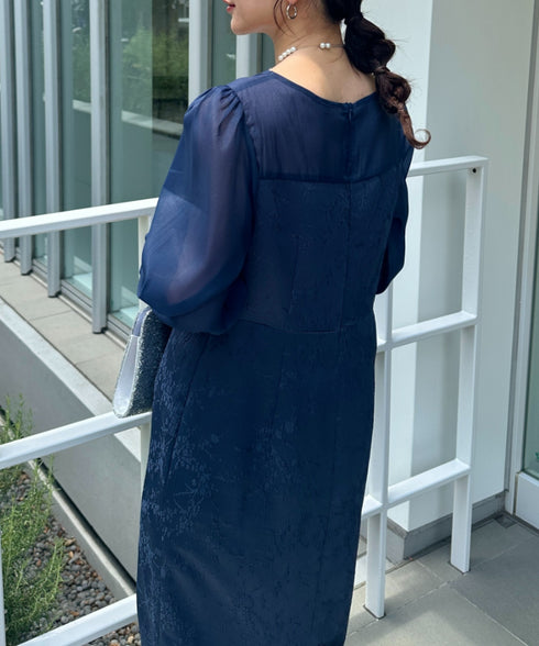ジャガードシアースリーブロングドレス ロングワンピース パーティードレス 結婚式 お呼ばれ オケージョンドレス | MD2265115 | ネイビー