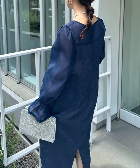 ジャガードシアースリーブロングドレス ロングワンピース パーティードレス 結婚式 お呼ばれ オケージョンドレス | MD2265115 | ネイビー