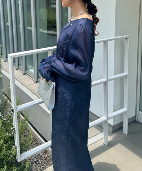 ジャガードシアースリーブロングドレス ロングワンピース パーティードレス 結婚式 お呼ばれ オケージョンドレス | MD2265115 | ネイビー