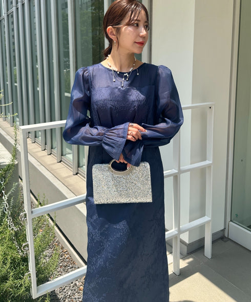 ジャガードシアースリーブロングドレス ロングワンピース パーティードレス 結婚式 お呼ばれ オケージョンドレス | MD2265115 | ネイビー