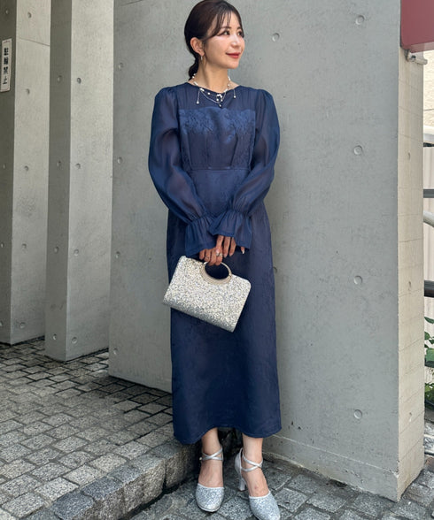 ジャガードシアースリーブロングドレス ロングワンピース パーティードレス 結婚式 お呼ばれ オケージョンドレス | MD2265115 | ネイビー