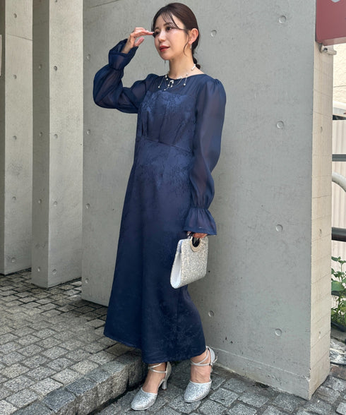 ジャガードシアースリーブロングドレス ロングワンピース パーティードレス 結婚式 お呼ばれ オケージョンドレス | MD2265115 | ネイビー