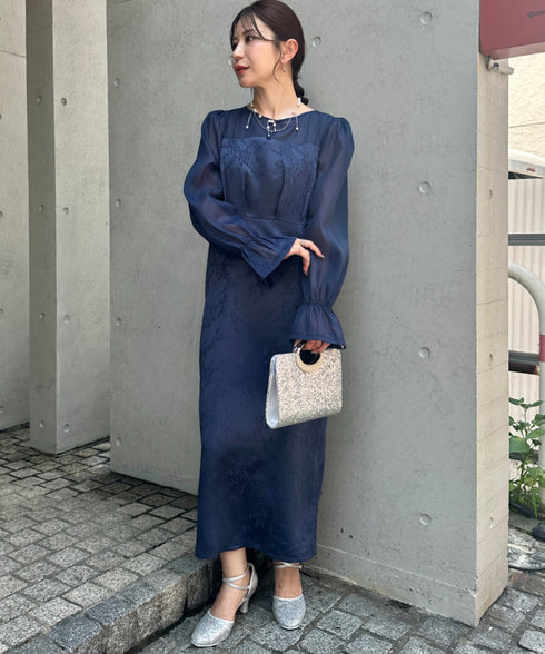 ジャガードシアースリーブロングドレス ロングワンピース パーティードレス 結婚式 お呼ばれ オケージョンドレス | MD2265115 | ネイビー