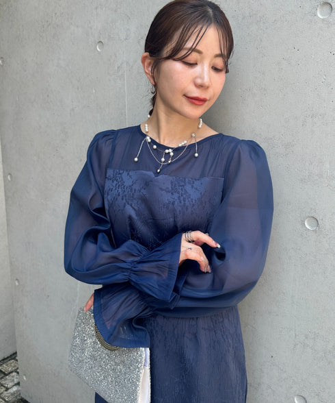 ジャガードシアースリーブロングドレス ロングワンピース パーティードレス 結婚式 お呼ばれ オケージョンドレス | MD2265115 | ネイビー