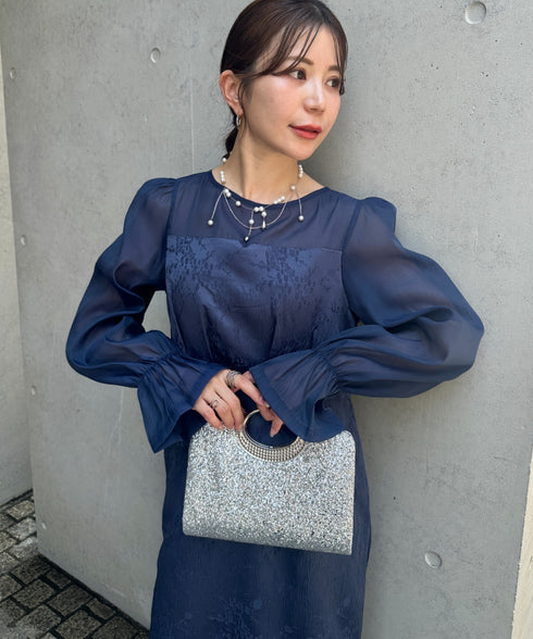 ジャガードシアースリーブロングドレス ロングワンピース パーティードレス 結婚式 お呼ばれ オケージョンドレス | MD2265115 | ネイビー