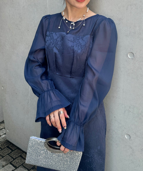 ジャガードシアースリーブロングドレス ロングワンピース パーティードレス 結婚式 お呼ばれ オケージョンドレス | MD2265115 | ネイビー