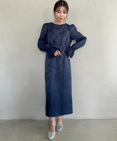 ジャガードシアースリーブロングドレス ロングワンピース パーティードレス 結婚式 お呼ばれ オケージョンドレス | MD2265115 | ネイビー