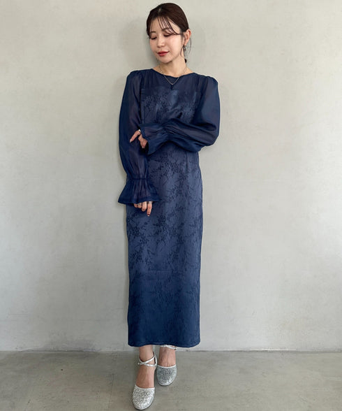 ジャガードシアースリーブロングドレス ロングワンピース パーティードレス 結婚式 お呼ばれ オケージョンドレス | MD2265115 | ネイビー