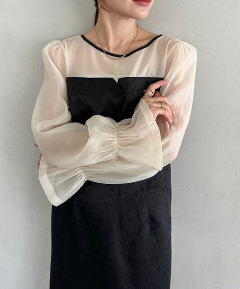 ジャガードシアースリーブロングドレス ロングワンピース パーティードレス 結婚式 お呼ばれ オケージョンドレス | MD2265115 | ブラック系その他