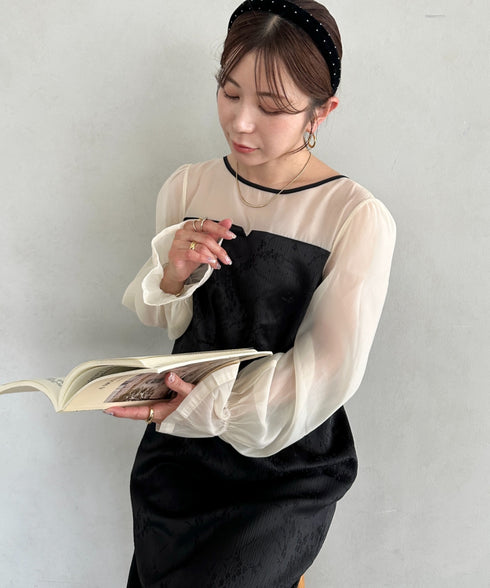 ジャガードシアースリーブロングドレス ロングワンピース パーティードレス 結婚式 お呼ばれ オケージョンドレス | MD2265115 | ブラック系その他