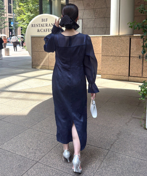 ジャガードシアースリーブロングドレス ロングワンピース パーティードレス 結婚式 お呼ばれ オケージョンドレス | MD2265115 | ネイビー