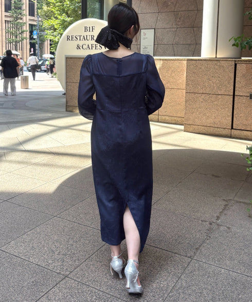 ジャガードシアースリーブロングドレス ロングワンピース パーティードレス 結婚式 お呼ばれ オケージョンドレス | MD2265115 | ネイビー