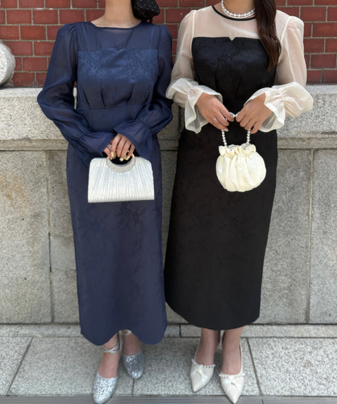 ジャガードシアースリーブロングドレス ロングワンピース パーティードレス 結婚式 お呼ばれ オケージョンドレス | MD2265115 | ブラック系その他