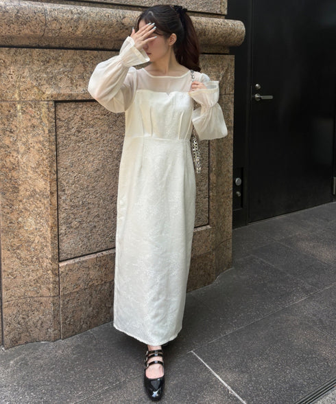 ジャガードシアースリーブロングドレス ロングワンピース パーティードレス 結婚式 お呼ばれ オケージョンドレス | MD2265115 | アイボリー