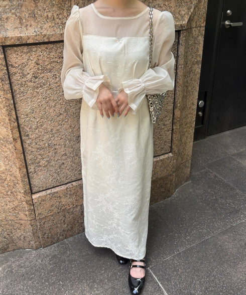 ジャガードシアースリーブロングドレス ロングワンピース パーティードレス 結婚式 お呼ばれ オケージョンドレス | MD2265115 | アイボリー
