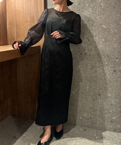 ジャガードシアースリーブロングドレス ロングワンピース パーティードレス 結婚式 お呼ばれ オケージョンドレス | MD2265115 | ブラック