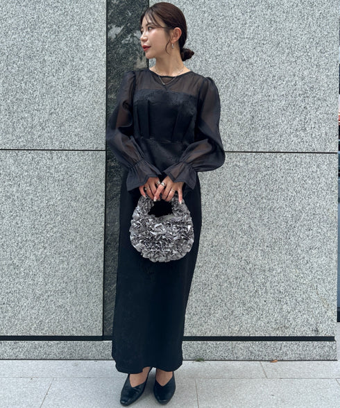 ジャガードシアースリーブロングドレス ロングワンピース パーティードレス 結婚式 お呼ばれ オケージョンドレス | MD2265115 | ブラック