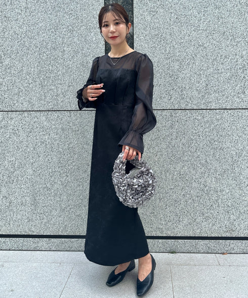 ジャガードシアースリーブロングドレス ロングワンピース パーティードレス 結婚式 お呼ばれ オケージョンドレス | MD2265115 | ブラック