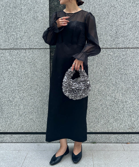 ジャガードシアースリーブロングドレス ロングワンピース パーティードレス 結婚式 お呼ばれ オケージョンドレス | MD2265115 | ブラック