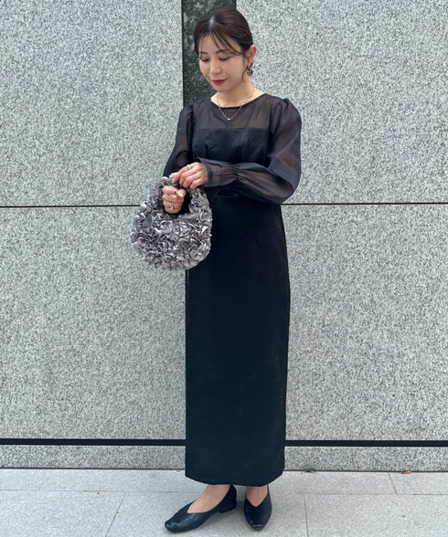 ジャガードシアースリーブロングドレス ロングワンピース パーティードレス 結婚式 お呼ばれ オケージョンドレス | MD2265115 | ブラック