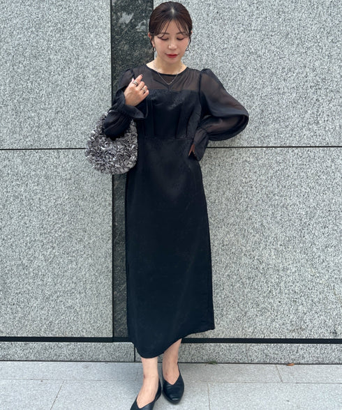 ジャガードシアースリーブロングドレス ロングワンピース パーティードレス 結婚式 お呼ばれ オケージョンドレス | MD2265115 | ブラック