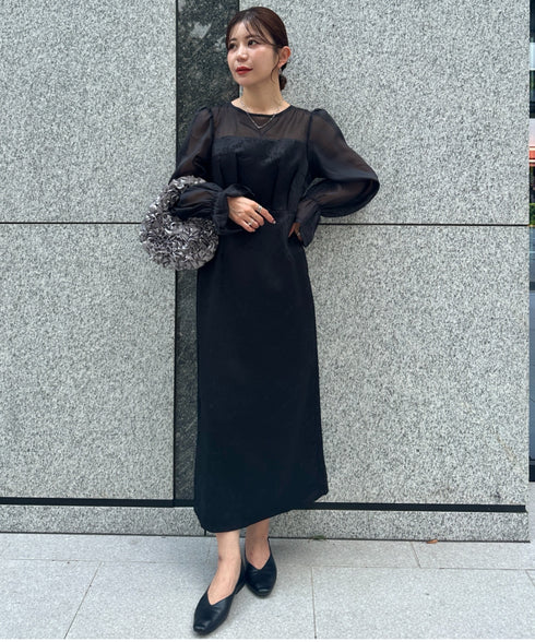 ジャガードシアースリーブロングドレス ロングワンピース パーティードレス 結婚式 お呼ばれ オケージョンドレス | MD2265115 | ブラック