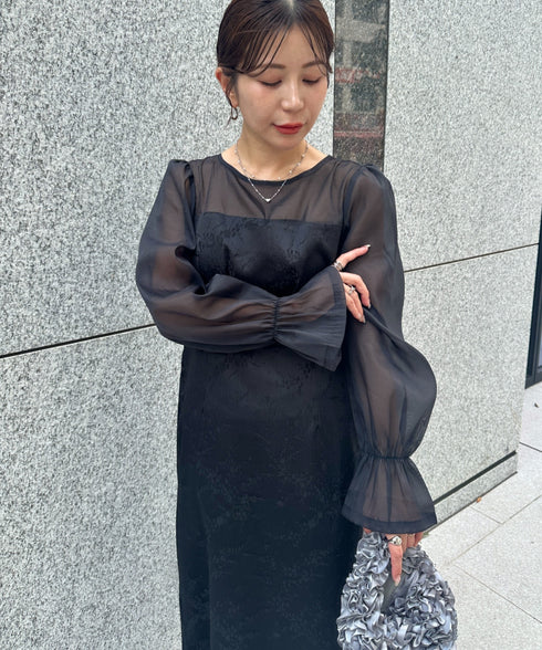 ジャガードシアースリーブロングドレス ロングワンピース パーティードレス 結婚式 お呼ばれ オケージョンドレス | MD2265115 | ブラック