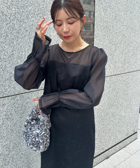 ジャガードシアースリーブロングドレス ロングワンピース パーティードレス 結婚式 お呼ばれ オケージョンドレス | MD2265115 | ブラック