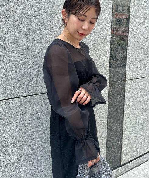 ジャガードシアースリーブロングドレス ロングワンピース パーティードレス 結婚式 お呼ばれ オケージョンドレス | MD2265115 | ブラック
