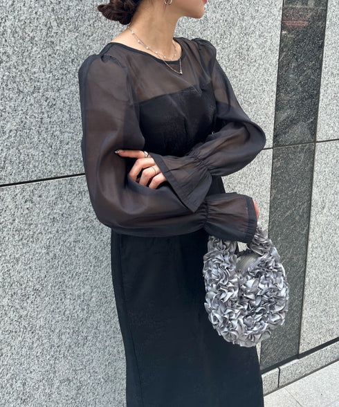 ジャガードシアースリーブロングドレス ロングワンピース パーティードレス 結婚式 お呼ばれ オケージョンドレス | MD2265115 | ブラック