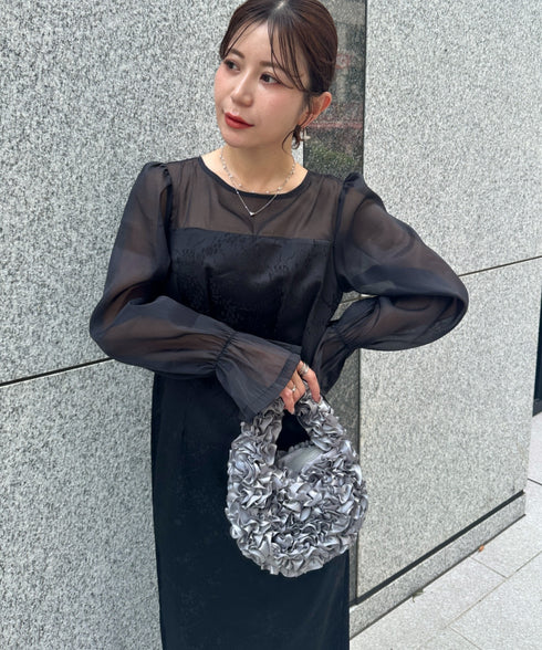 ジャガードシアースリーブロングドレス ロングワンピース パーティードレス 結婚式 お呼ばれ オケージョンドレス | MD2265115 | ブラック