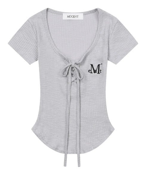 MUCENT(ムセント)/サロン アイレット レースアップ スリムフィット クロップド Tシャツ 半袖 /SARON EYELET LACE-UP SLIM FIT HALF T | AT2262079 | グレー