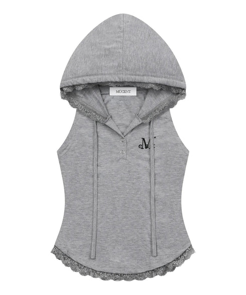 MUCENT(ムセント)/アセン レース スリムフィット フード スリーブレス タンクトップ/ASEN LACE SLIM HOOD SLEEVELESS | AT2262081 | グレー